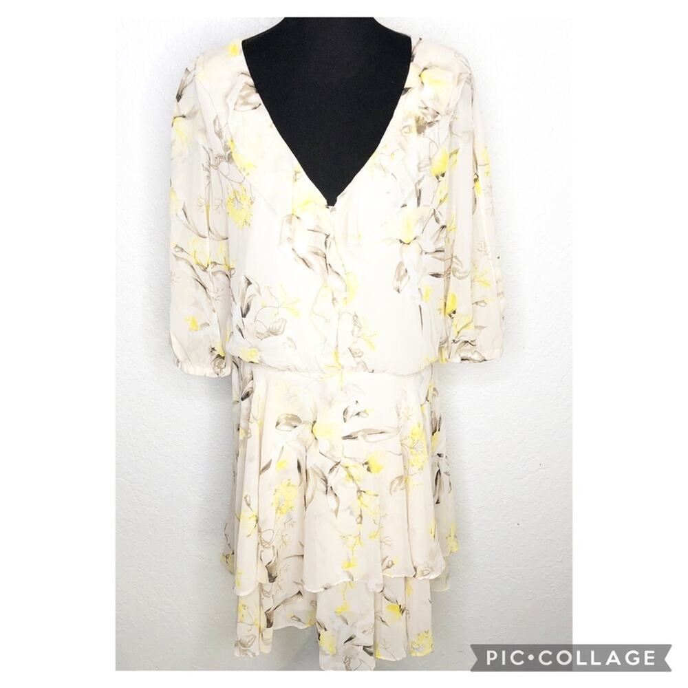 WHBM cream yellow floral open sleeve blouson dress size Large